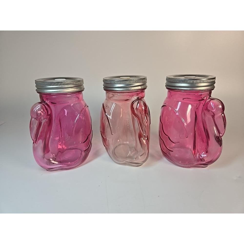 Toucan Shaped Mason Jar Drinking Glass Cup Set of 3 Hot Pink